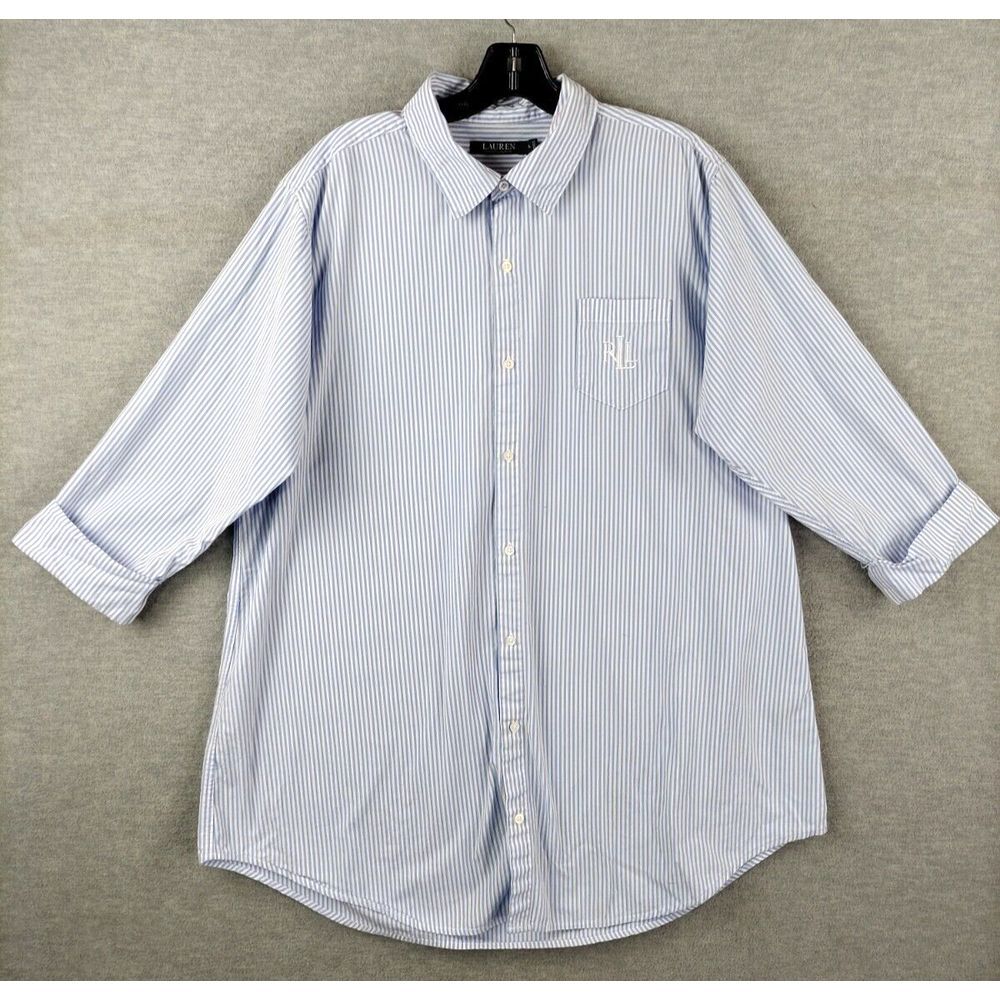 LRL Mens Shirt Extra Large Blue White Stripe Half‎ Sleeve Monogram Preppy Casual